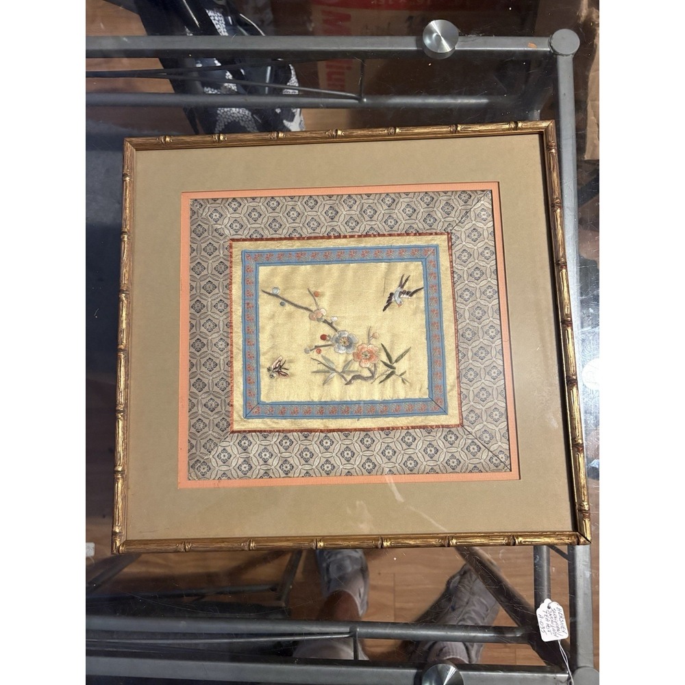 Vintage Chinese Silk Embroidery Bird Blossom Framed Gilt Faux Bamboo 14.5"